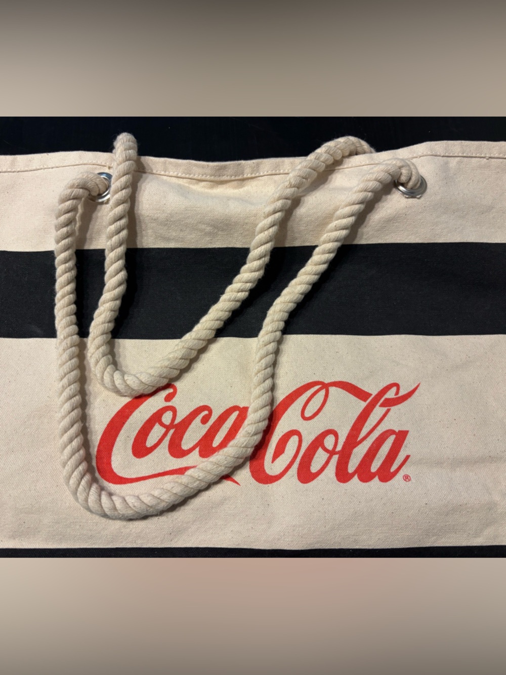 Coca-Cola Canvas Tote Black Cream Striped Nautical Rope Handle Beach Bag - Picture 5 of 9